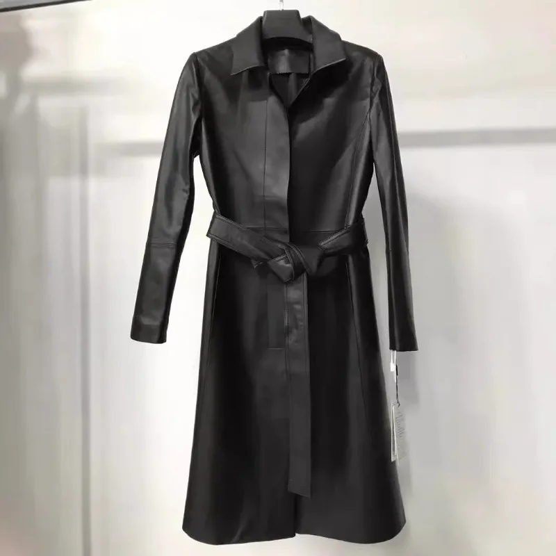 New in Jackets Genuine Leather Sheepskin Jacket Long Styles Lace Up Single Breasted Lapels Tops Spring Autumn Women's Jackets