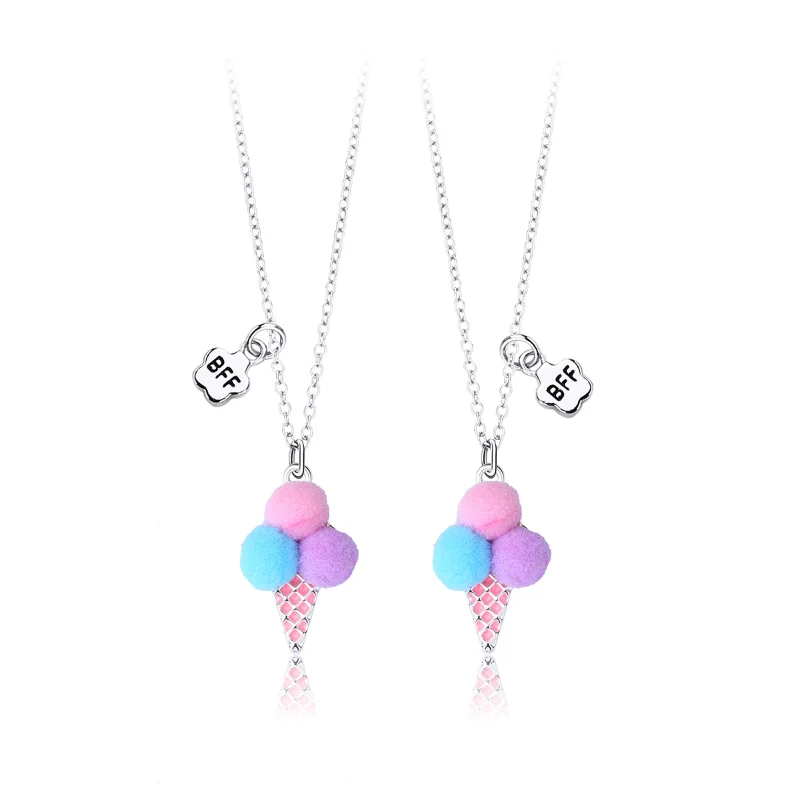 Luoluo&baby 2Pcs/Set Cute Ice Cream Plush Ball Best Friends Necklace Pendant Chain BFF Friendship Jewelry Gifts For Kids