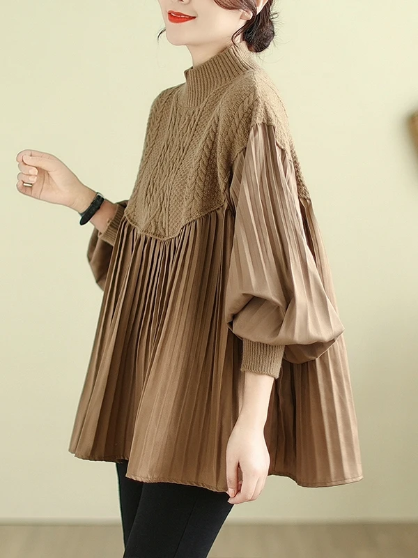 

Slimming Large Size Knitted Patchwork Loose irt Autumn New Sle Women's Faionable Casual Long Sve Stand Collar Top