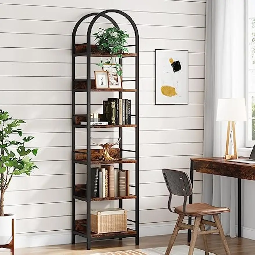 

Comfort corner Tall Arched Bookshelf, 6 Tiers Skinny Open Bookcase,Freestanding Corner Display Shelves Rack for Living Room