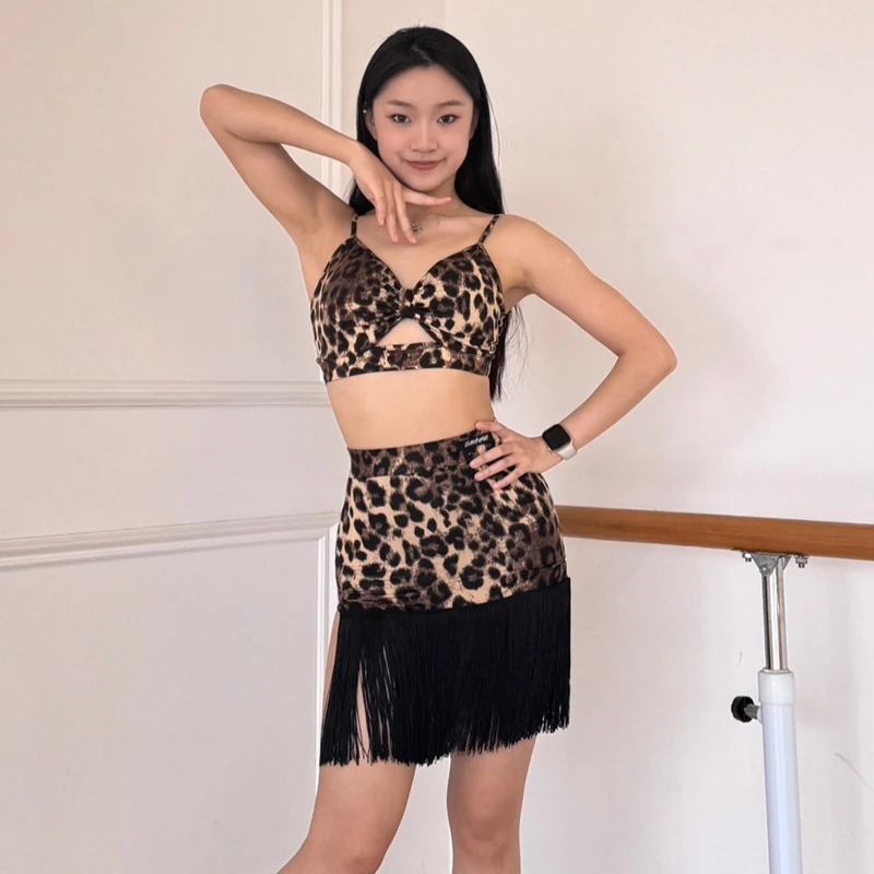 

Summer Women'S Latin Dance Competition Costume Sexy Leopard Latin Dance Clothing Tassels Skirt Adults Performance Suits SL12652