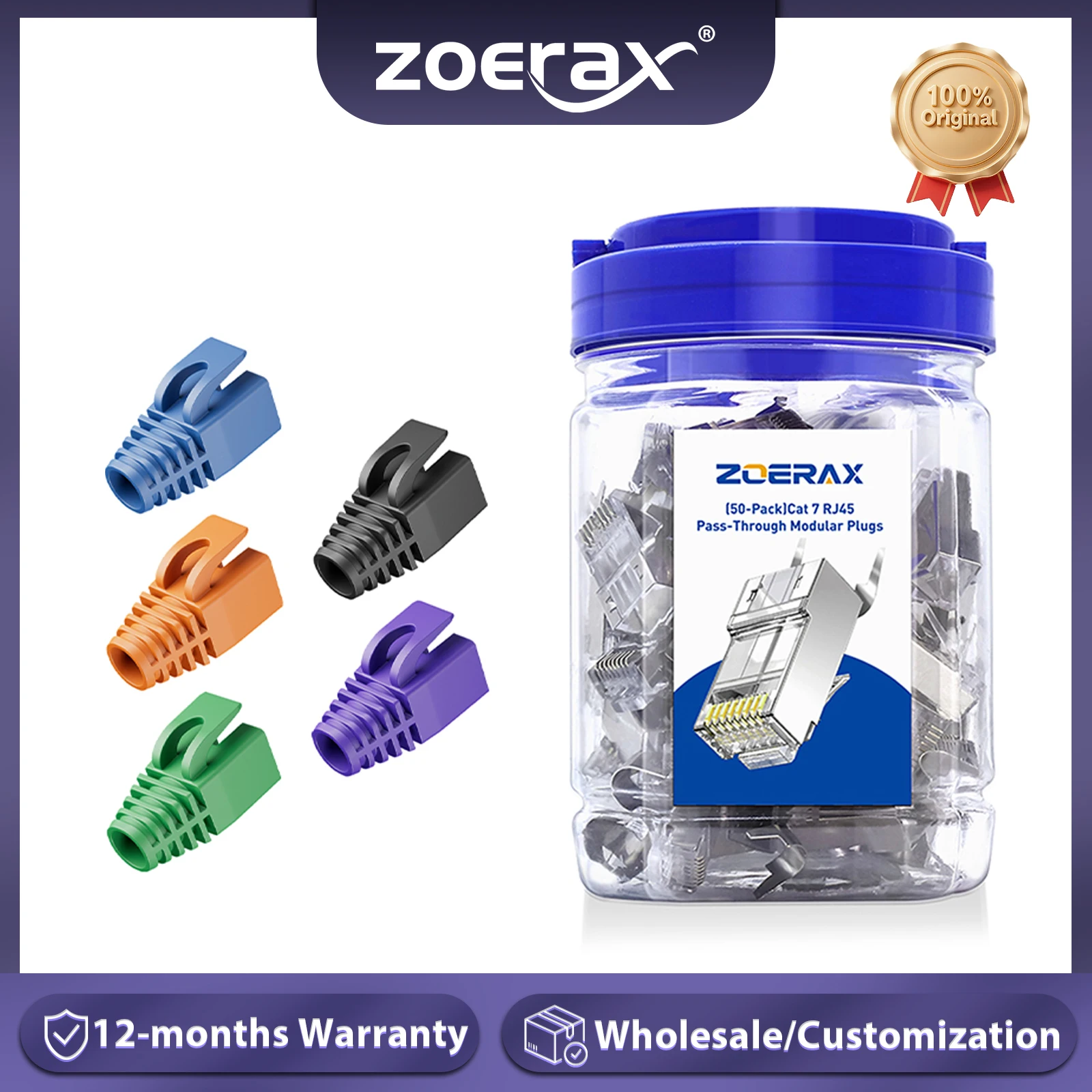 ZoeRax 50PCS Shielded RJ45 Cat7 Cat6A Pass Through Connectors Kit 3 Prong 8P8C Gold Plated 2-Piece Plug with Strain Relief Boots