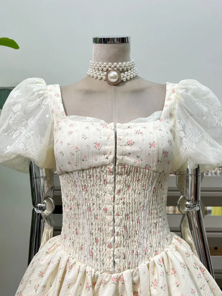 فستان DFDG نسائي فرنسي مزين بالزهور وأكمام منتفخة وأزرار أمامية على شكل حرف a للربيع والصيف والحفلات المسائية اليومية