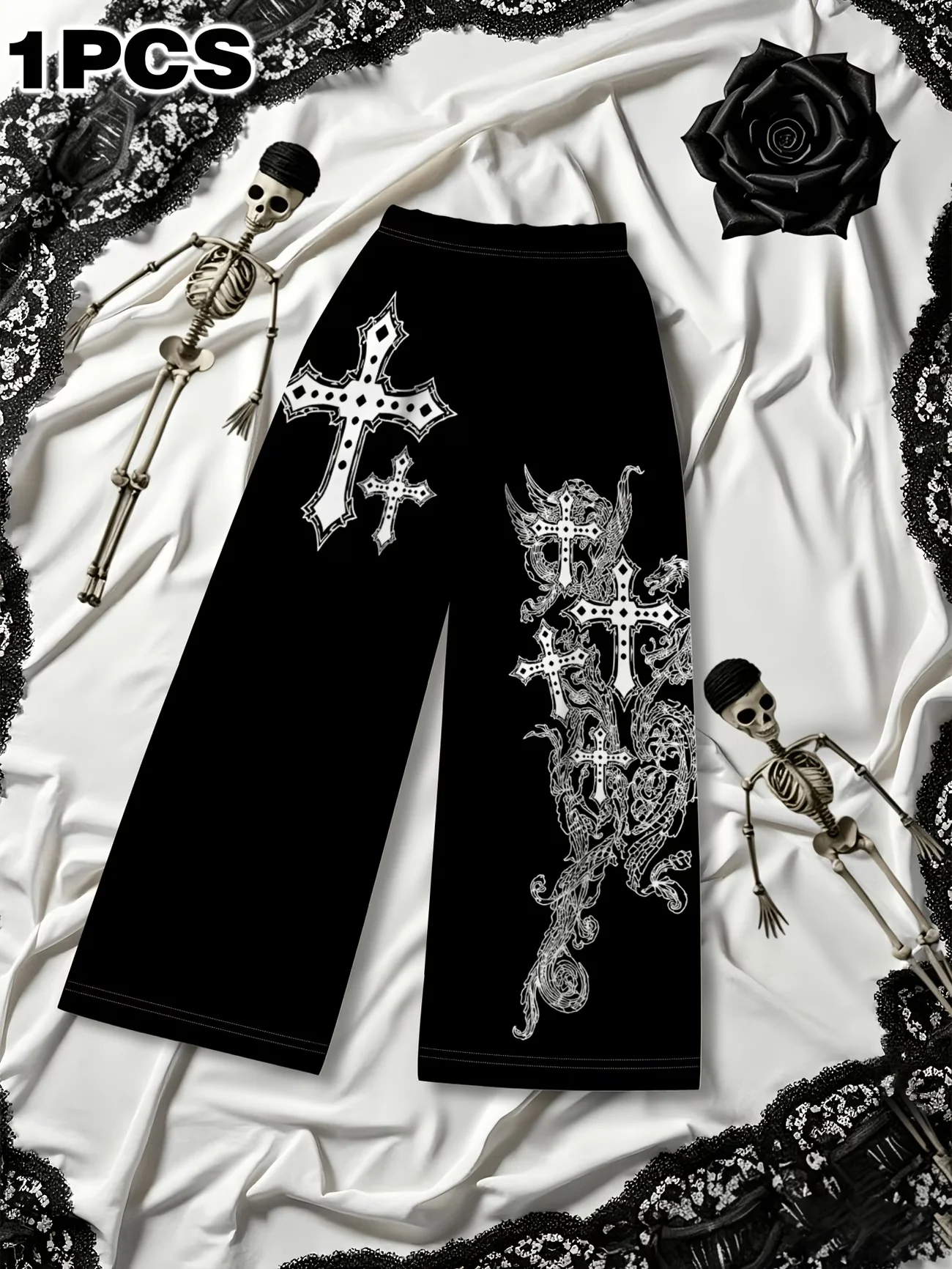 2026 Summer New Trend Men's Loose Quick Dry Pants Black Gothic Cross Jesus Print Hip Hop Street Fashion Trousers for Daily Wear