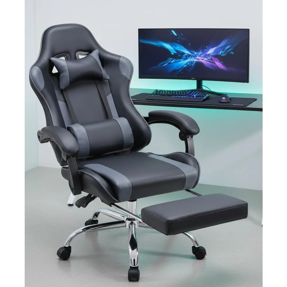 Ergonomic Gaming Office Chair with Footrest & Headrest, Adjustable Reclining Computer Desk Chair for Adults, Grey