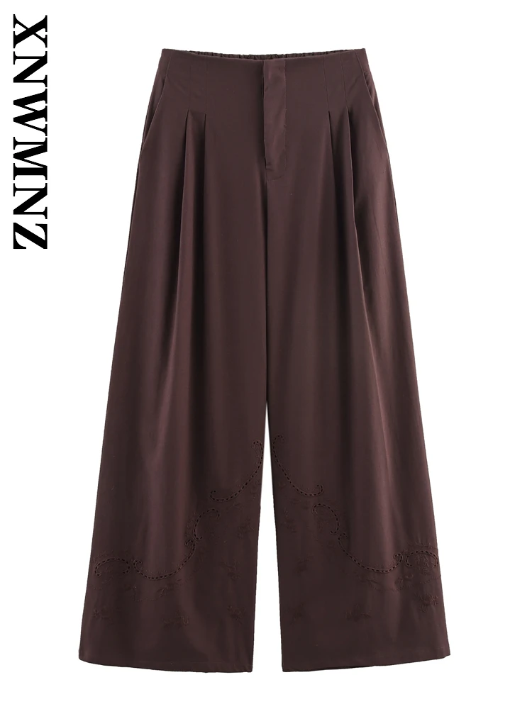 

XNWMNZ 2025 Summer New Women Clothing Commuting Casual Long Pants Vintage Woman's BROWN Ruched Bottoms Fashion Wide Leg Pants