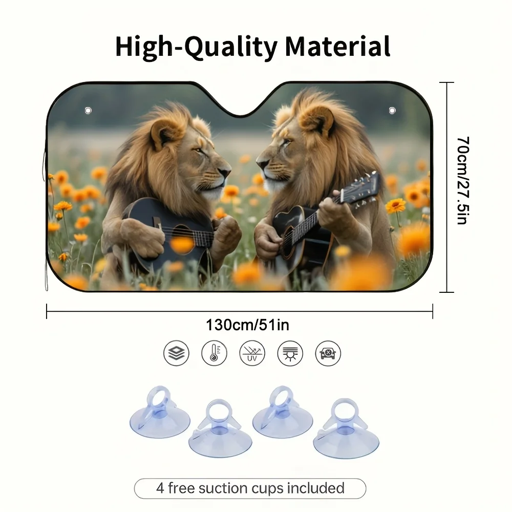 1pc Lions Playing Guitars In Flower Field Car Sun Visor - Fit Sunshade For Family & Business Cars, Blocks Sunlight & Reduces Hea