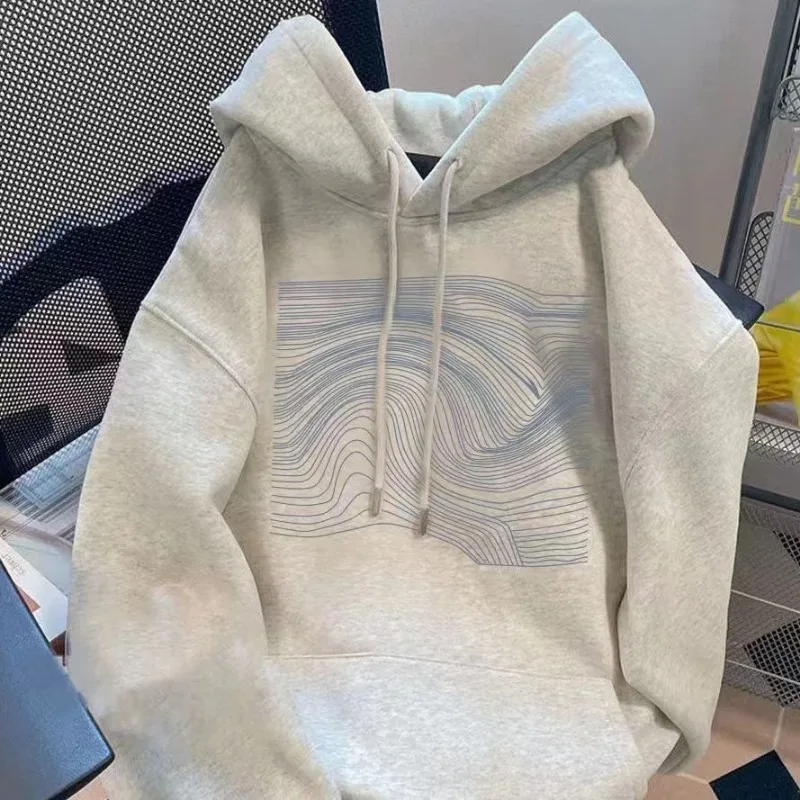 American High Street Abstract Line Print Hoodie Unisex Autumn Winter Fleece Thick Couple Outerwear