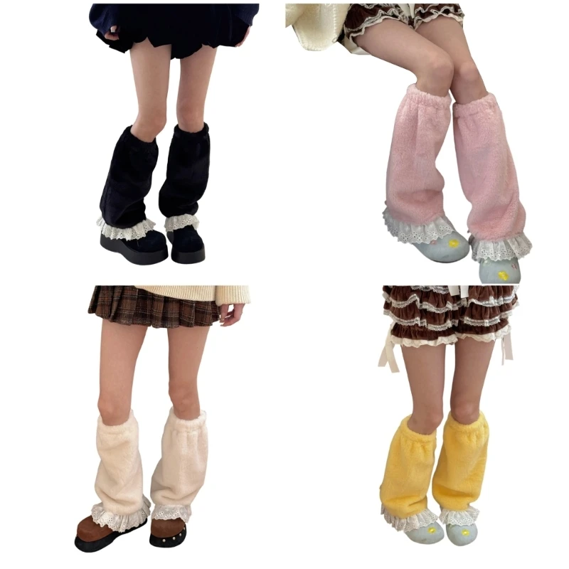 652B Fuzzy Plush Leg Warmers with Ruffle Lace Detailing Winter Bowknot Socks