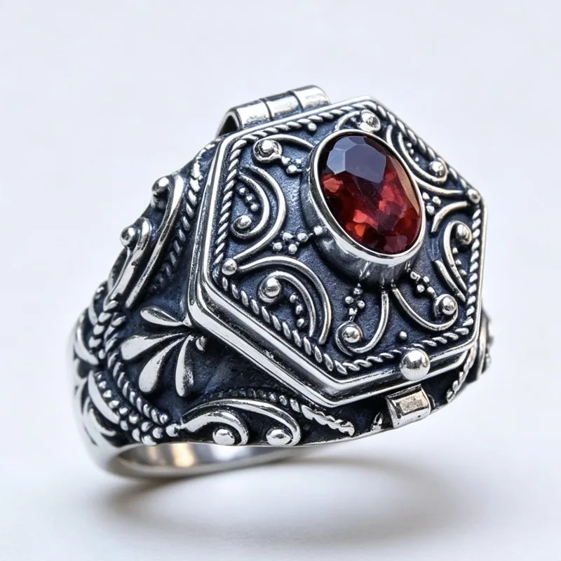 Jianjie Ethnic Style Retro Carving Rings Mens Oval Cut Red Zirconia Classic Octagon Shape Daily Wear Wide Men's Ring Jewelry