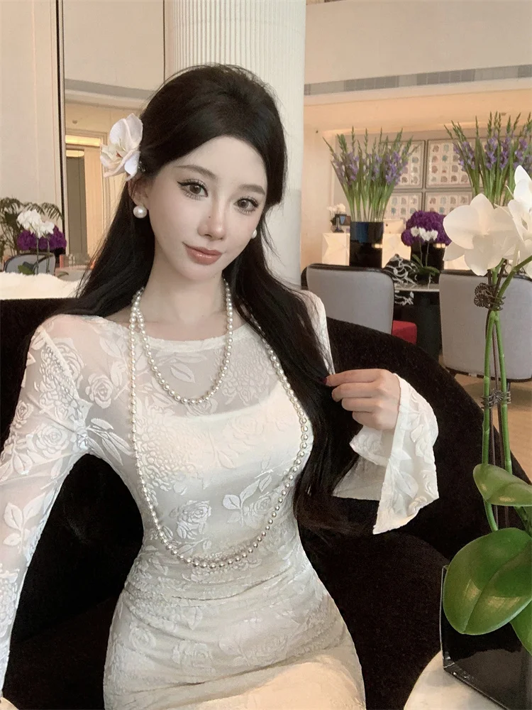 Romantische fluwelen jacquard kanten verjaardagsjurk lente en herfst nieuwe stijl slanke binnenbandjurk en zeemeerminjurk tweedelige set