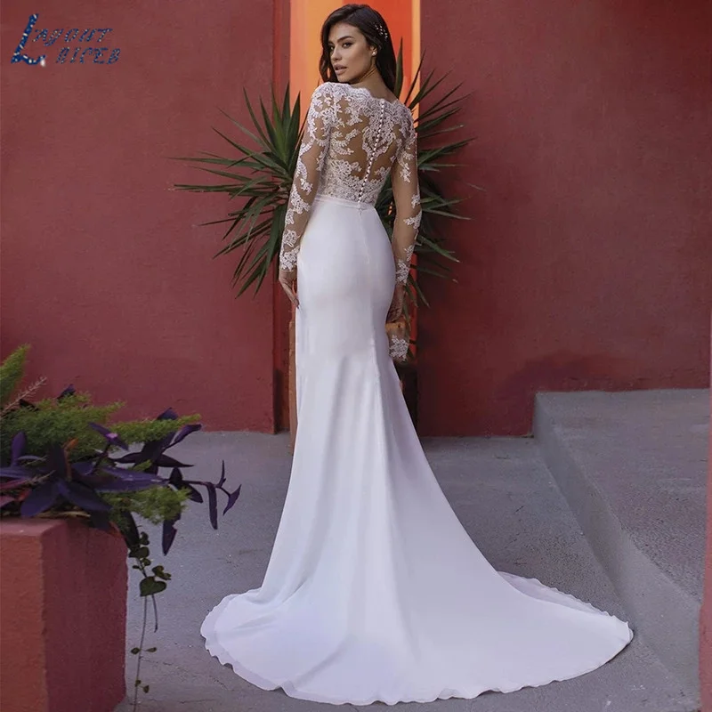 LAYOUT NICEB a-line abiti da sposa scollo a V illusione profonda manica lunga pizzo sottile moda sposa coda abito da sposa Vestidos De Novia a linee di abito da sposa V magia profonda maglia a maniche lunghe ristruttur