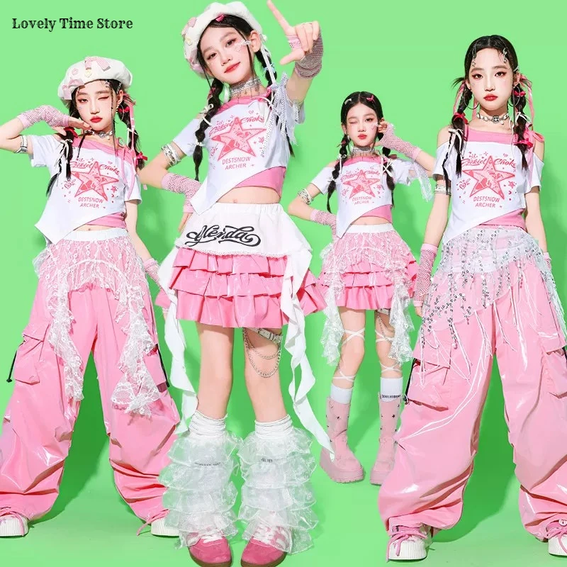 Girls K-pop Crop Top Pink Cargo Pants Street Dance Skirts Children Costumes Kids Hip Hop Streetwear Jazz Girl Group Clothes Sets