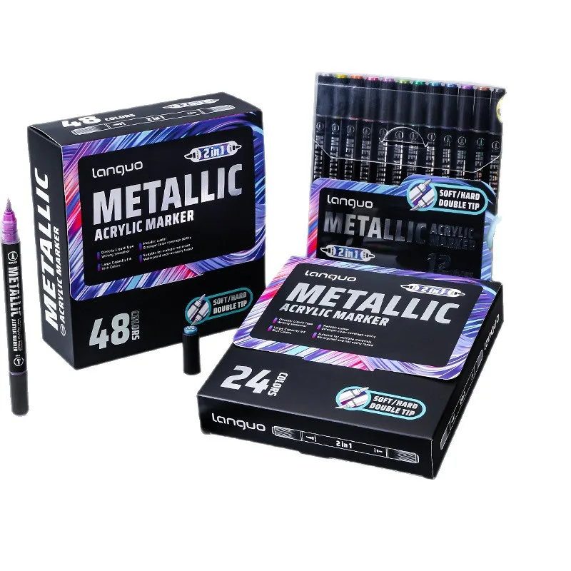 Languo Dual Tip Metallic Acryl Marker Pen Set Student Rock Schaalmodel Schilderen DIY Graffiti Handgetekende Verfpennen Briefpapier - afbeelding 2