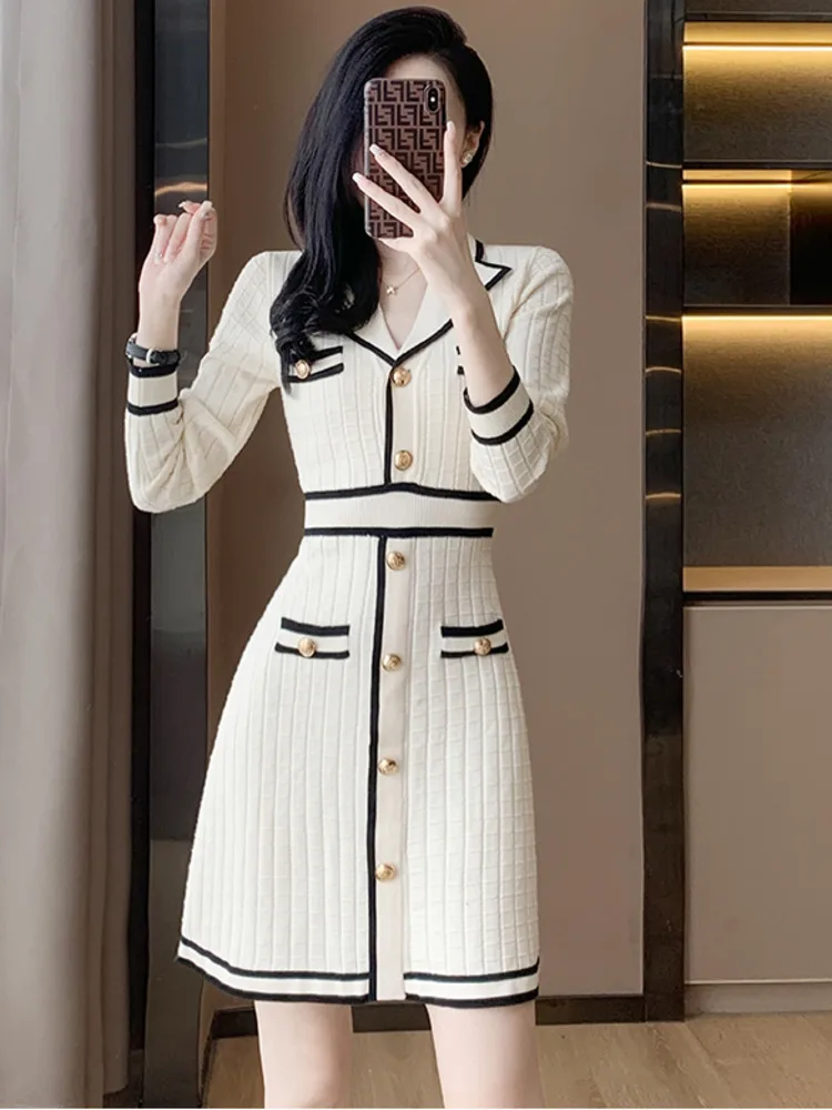 New Autumn And Winter Office Lady Sweater Short Skirt Casual Fashion V-Neck Button Collar Waist Knitted Wrapped Hip Female Dress