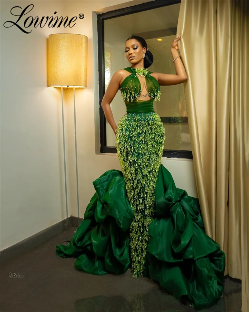 Green Full Crystal Prom Dress With Detachable Skirt Mermaid Luxury Celebrity Dress Abendkleider Couture Long Evening Party Gowns