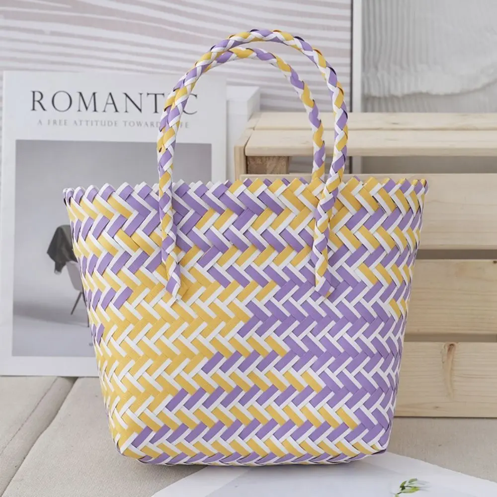 Summer Candy-colored Color Contrast Tote Bag Weaving Baskets Hand-woven Vegetable Basket Bag Shoulder Bag Large Capacity