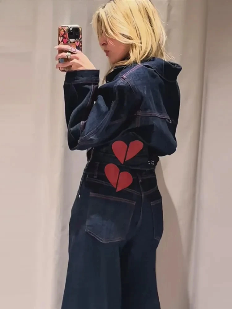 Heart Printed Denim Coat Pant Suits Women Single-breasted Lapel Cropped Jacket High-waist Wide-leg Trouser New Lady Outwear