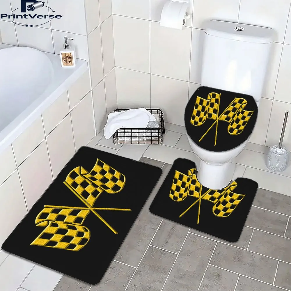 3pcs Forest-Inspired Crossed Yellow Checkered Racing Flags Decorative Mat Set - Machine Washable, Geometric Pattern, Polyester