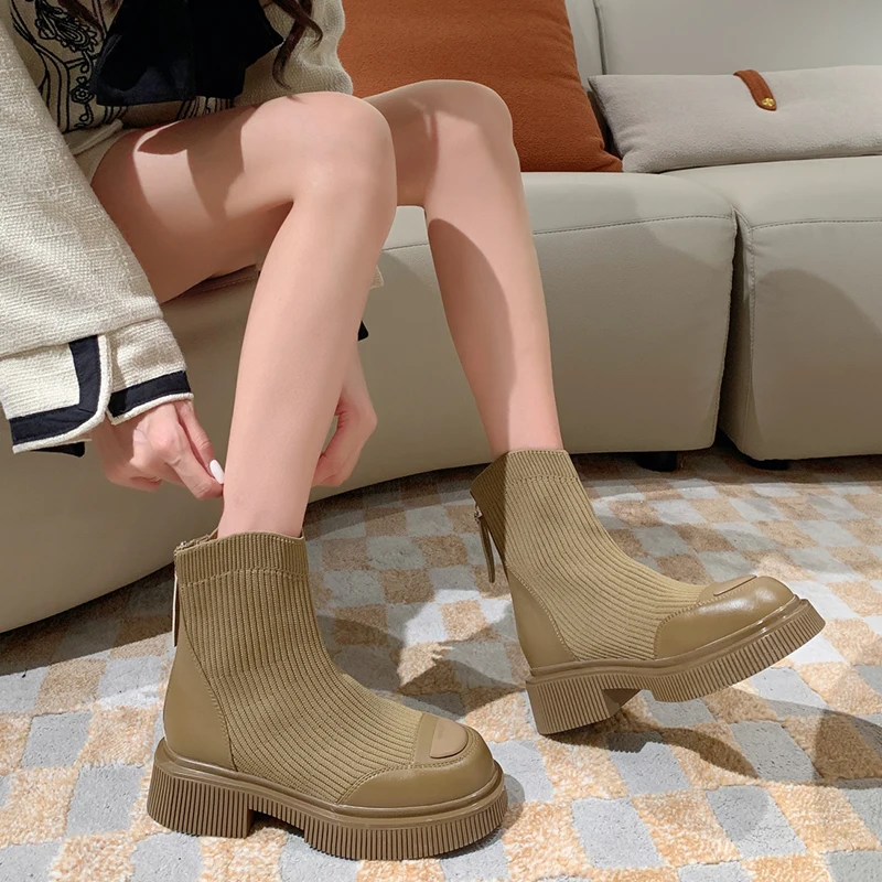 Med Heel Boots Zipper Women Shoes Autumn Round Toe Luxury Designer Boots-Women Stockings Rubber Ladies Ankle Fashion Flat 2023 S