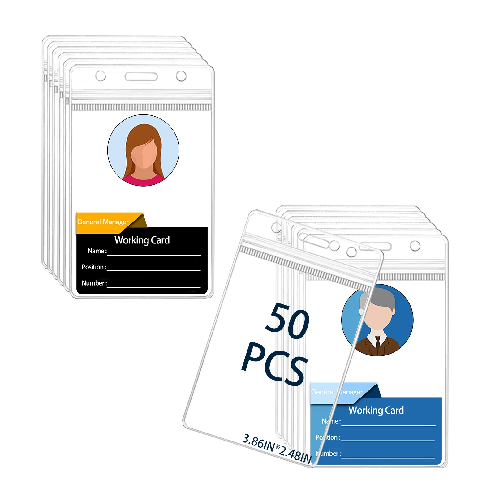 50 Pack Clear PVC Zip Lock ID Card Holder Vertical Waterproof Name Badge Sleeve Plastic Transparent Work Student Bus Card Holder