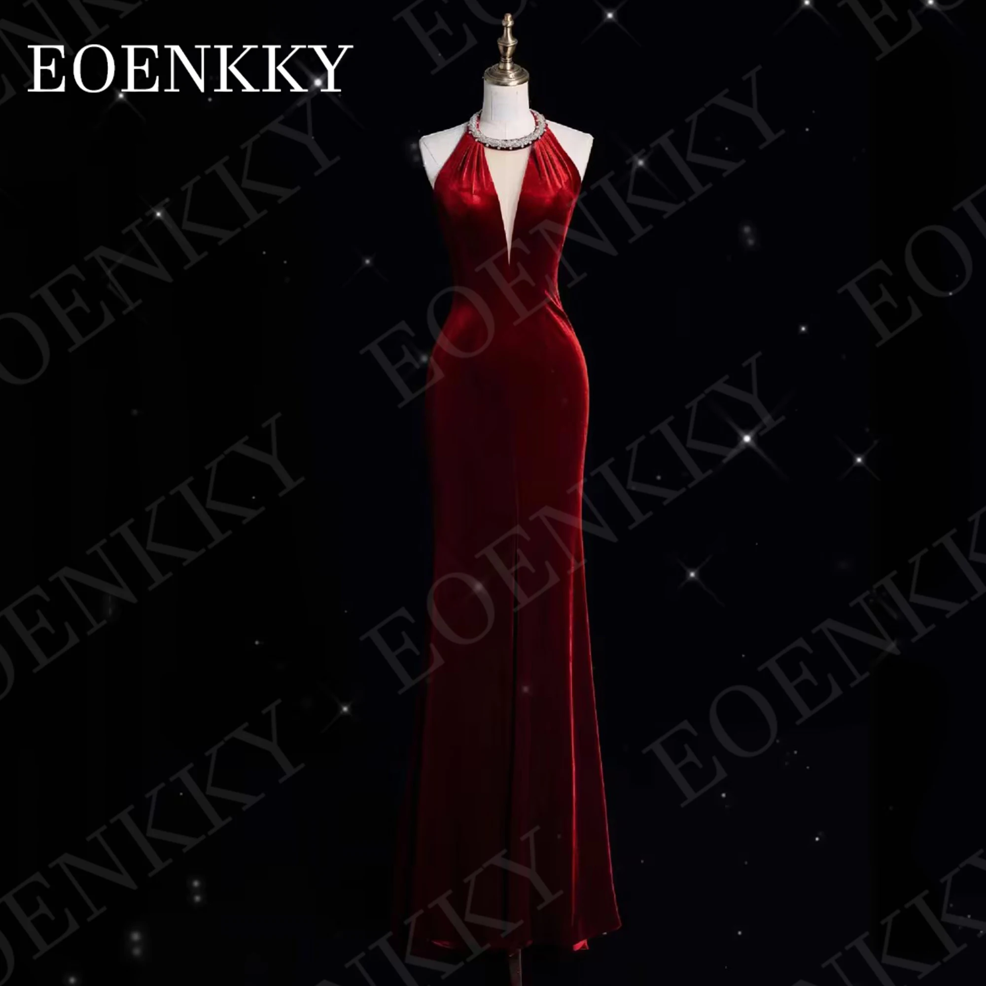 EOENKKY Mermaid Evening Dresses Woman Luxury فساتين سهرات Burgundy Velvet Split Backless Celebrity Dress Tassels Beaded Halter