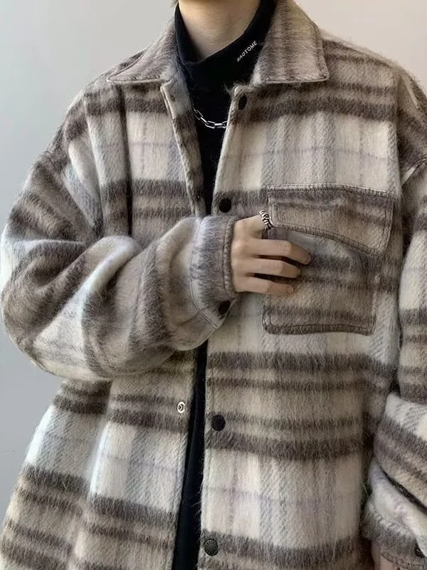 

Шерстяное пальто в клетку в стиле преппи для мужчин, свободный крой, винтажное повседневное тюре в американском стиле для пар, весна-осень, элитное ощущение