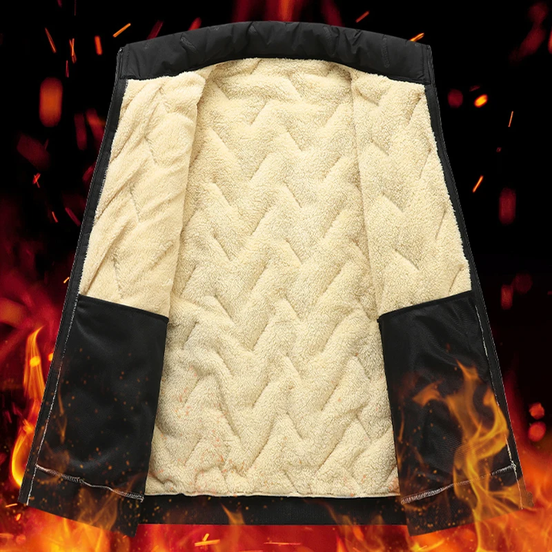 2025 جديد الرجال حجم كبير سترة تقليد الصوف الوقوف طوق الشتاء يندبروف الدافئة في الهواء الطلق سترة مبطنة بالقطن مع المخملية