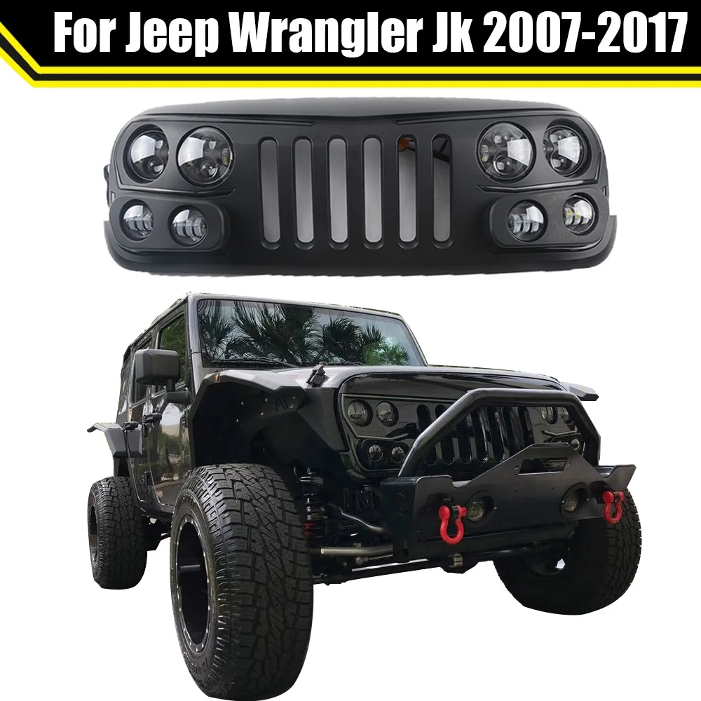 

Racing Grill For Jeep Wrangler JK 2007-2017 Hood Grille ABS Matte Black Auto Parts Front Bumper Mesh Grilles W/Lights Trim Cover