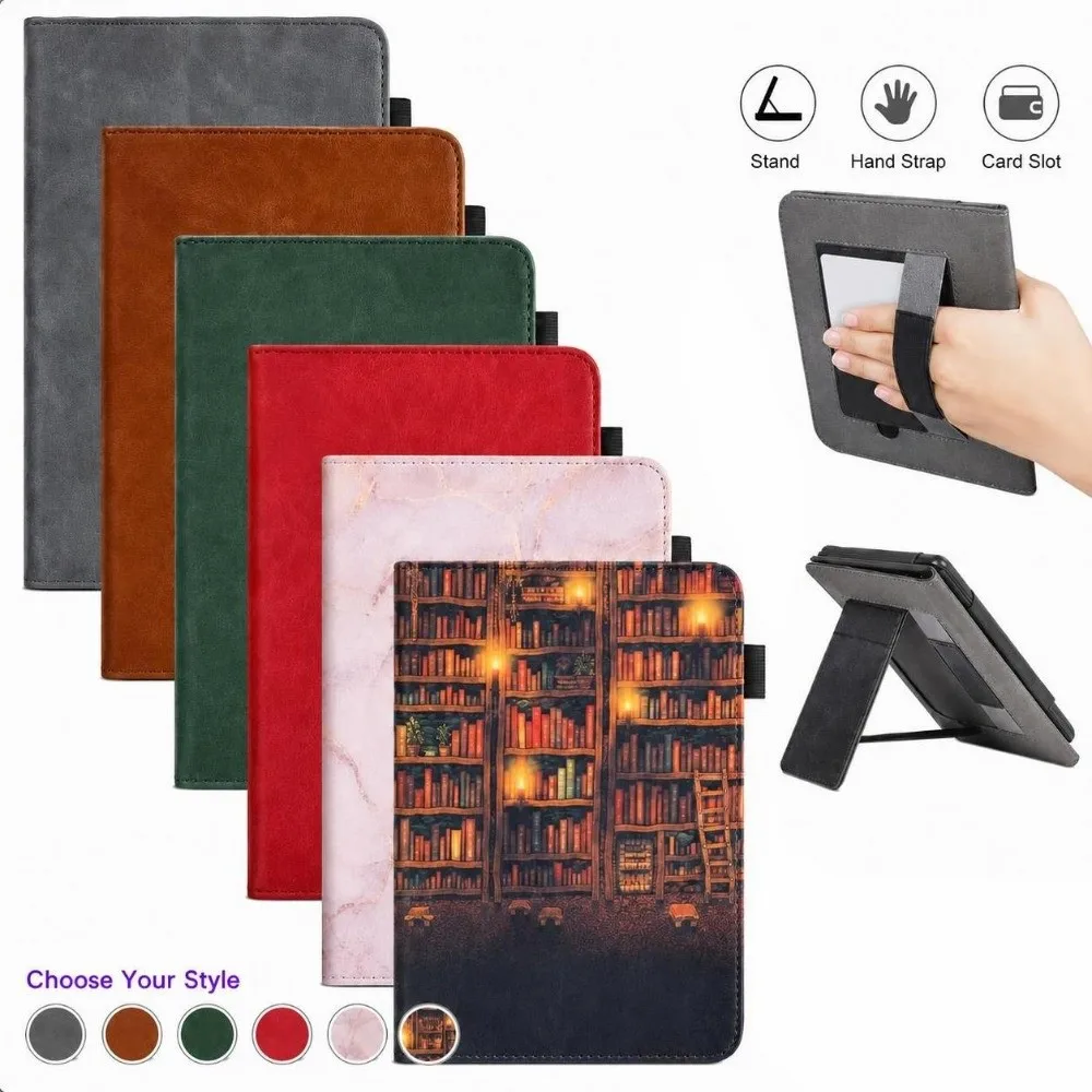 Stand Function E-Reader Case Hand Strap Magnetic Closure Protective Cover Auto Sleep/Wake Card Slot for Kobo Libra Color/2