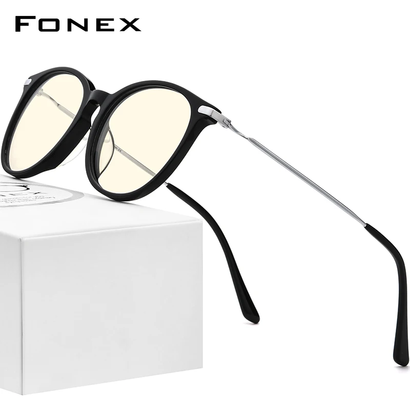 FONEX Anti Blue Light Glasses Men Titanium Acetate Retro Round Eyeglasses Antiblue Gaming Computer Glasses for Women F85670