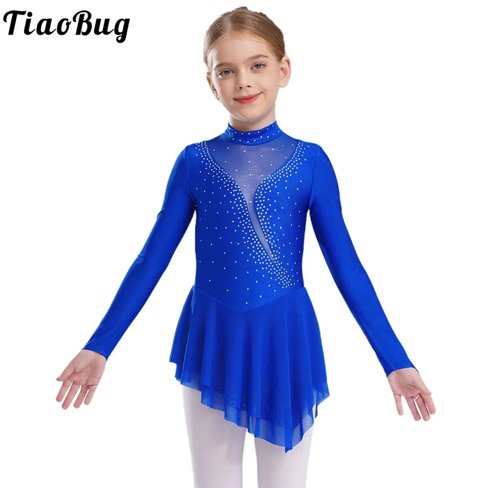 

Kids Girl Figure Skating Dress Rhinestone Ballet Gymnastics Leotard Color Block Sheer Mesh Splice Tutu Dance Performance Costume