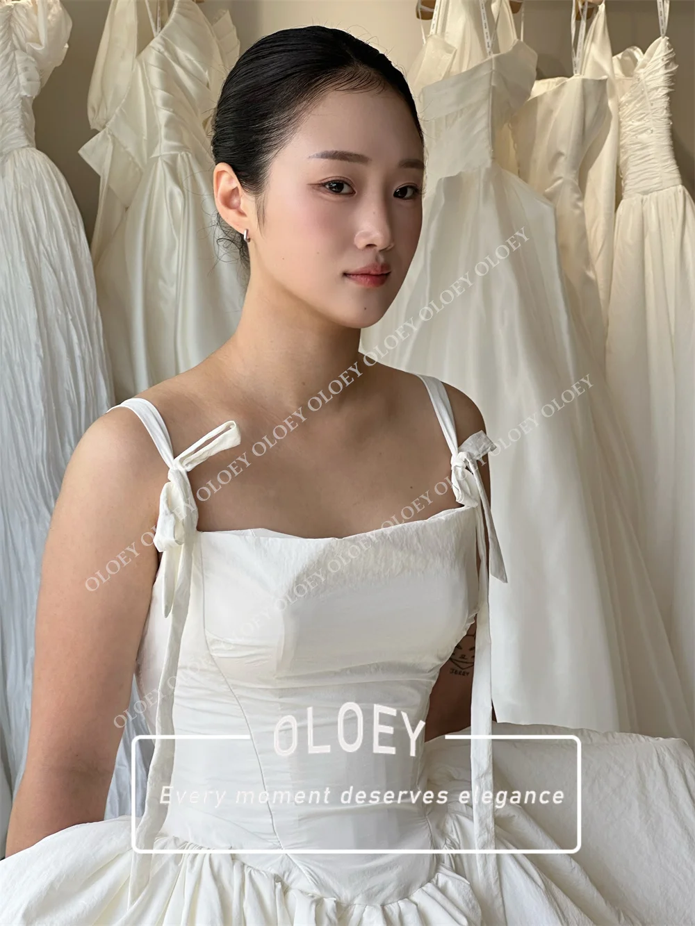 OLOEY Elegant Taffeta A Line Wedding Dress Square Neck Spaghetti Strap With Bow Detail Korea Photo Shoot Bridal Gown Customized