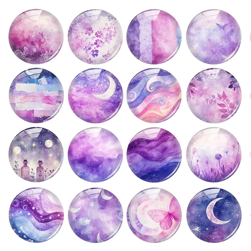 Random Mixed Round/Oval/Square Pink Purple Dreamy Nebula Moon Photo Glass Cabochon Flatback Demo Cameo For Diy Jewelry Making
