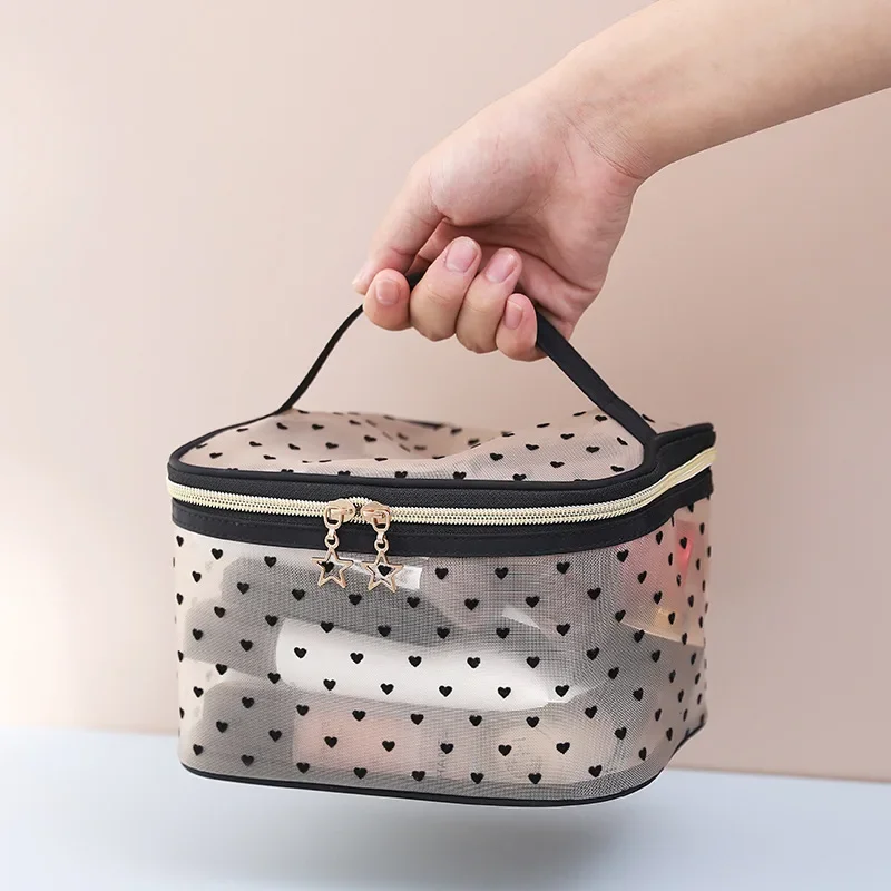 Mesh Cosmetic Makeup Bags Case Holder Cute Transparent Zipper Black Heart Printed Pencil Pen Case Pouch Convenient To Carry