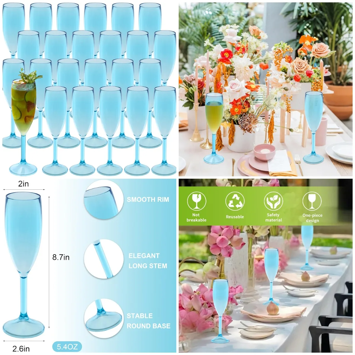 

24 Pcs Champagne Flutes 5.4OZ Plastic Wine Glasses for Parties, Wedding, Christmas, Birthday – Clear Blue Stemmed Cups