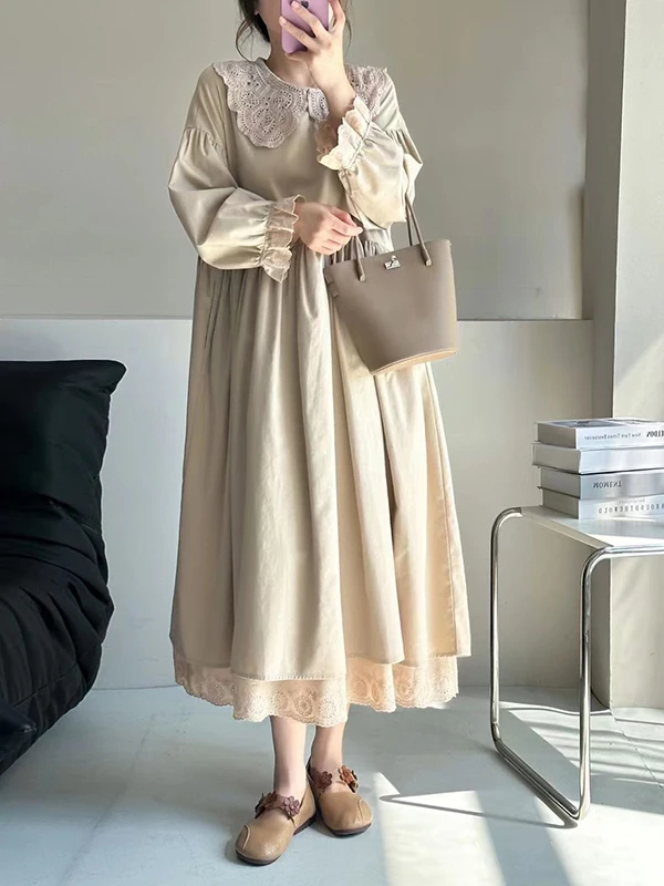 

plus Size Women's Dress Double Layered Hem Loose Fit Cute Doll Collar Autumn Winter Long Sleeve A-Line Skirt Japanese Style