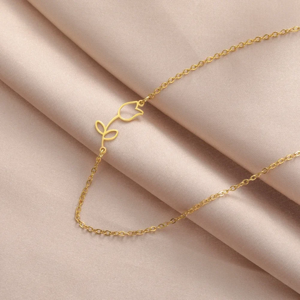 Skyrim Sideways Tulip Pendant Necklace for Women Stainless Steel Choker Chain Birthday Gift 2026 Flower Jewelry Wholesale
