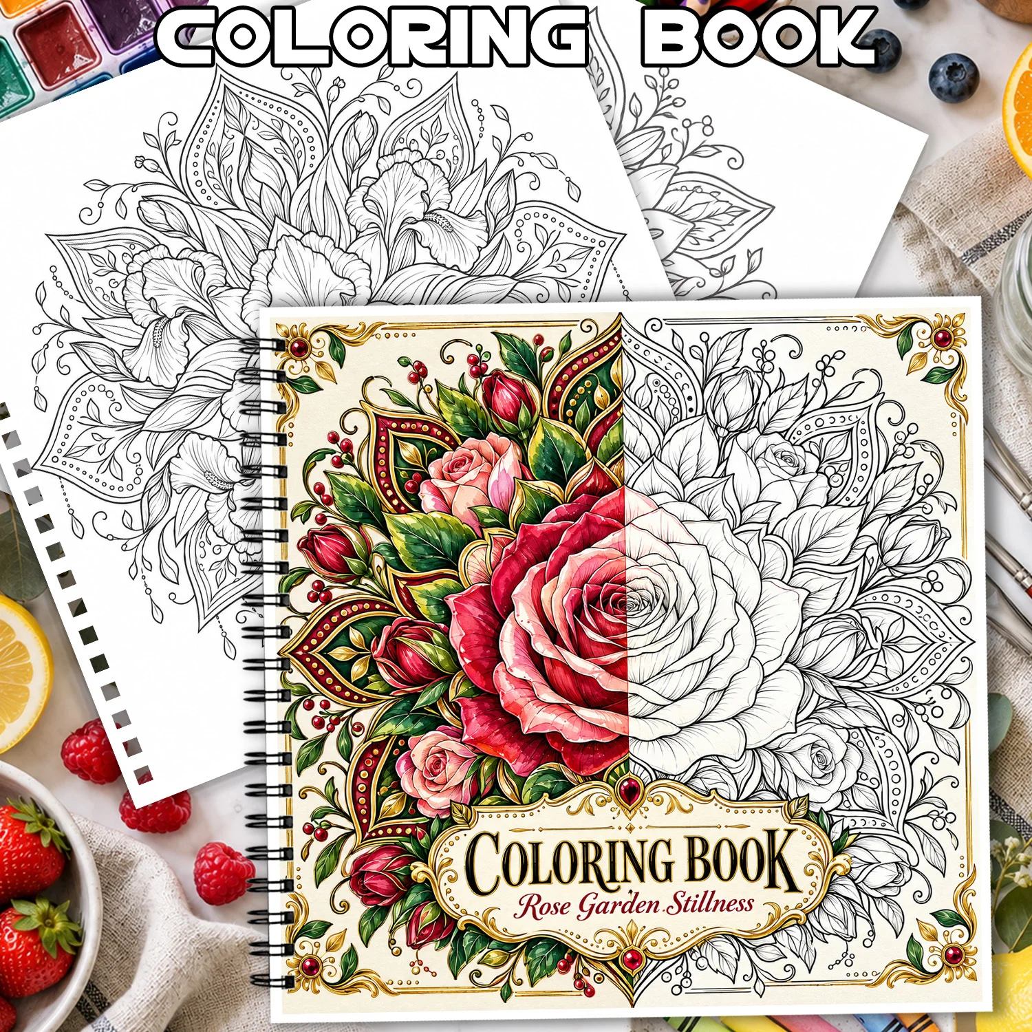 Spiral Binding Coloring Book Rose Garden Stillness Design For Adults Teens Showcasing Creativity Relieving Stress Mandala Design