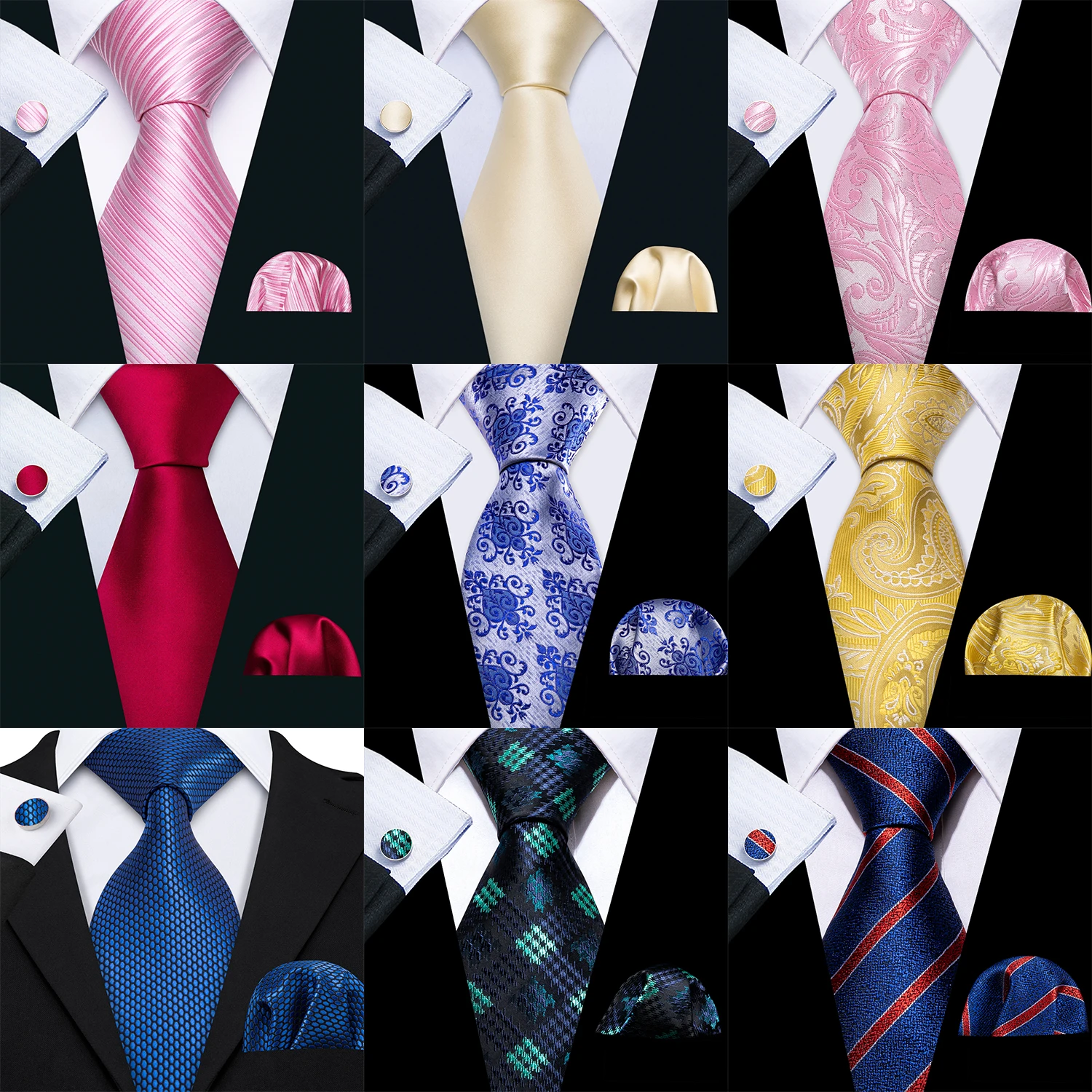 

Mens Tie Ivory Red Green Blue Pink Geometric Solid Ties Hanky Cufflinks Set Necktie Formal Wedding Dinner Party