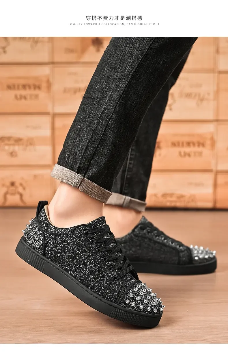 MODX 2025 برشام أحذية رياضية جلد أسود برباط علوي حذاء كاجوال مصمم نمط أحذية جلدية مصنوعة يدوياً للرجال