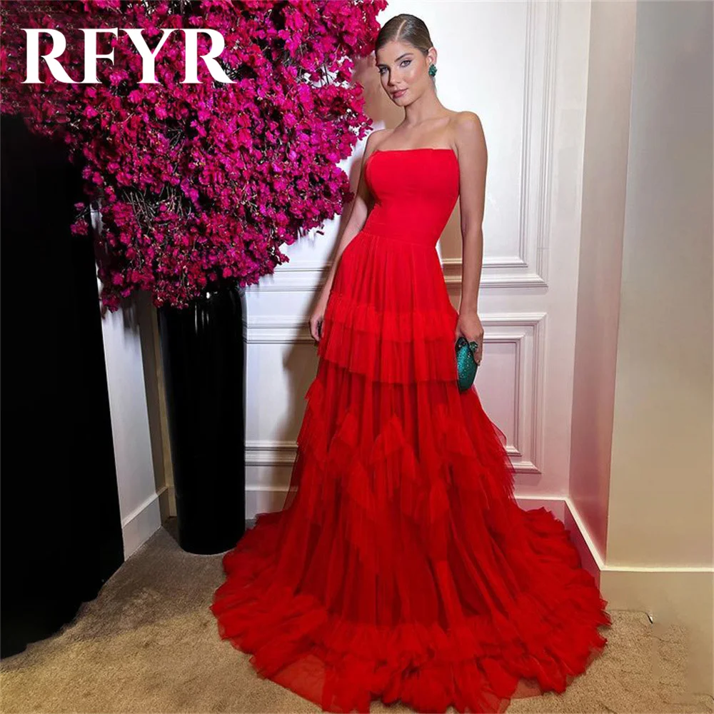 

RFYR A Line Long Party Dresses Vintage Strapless Night Dresses Tiered Pleat Celebrity Dresses Custom Size vestidos de fiesta