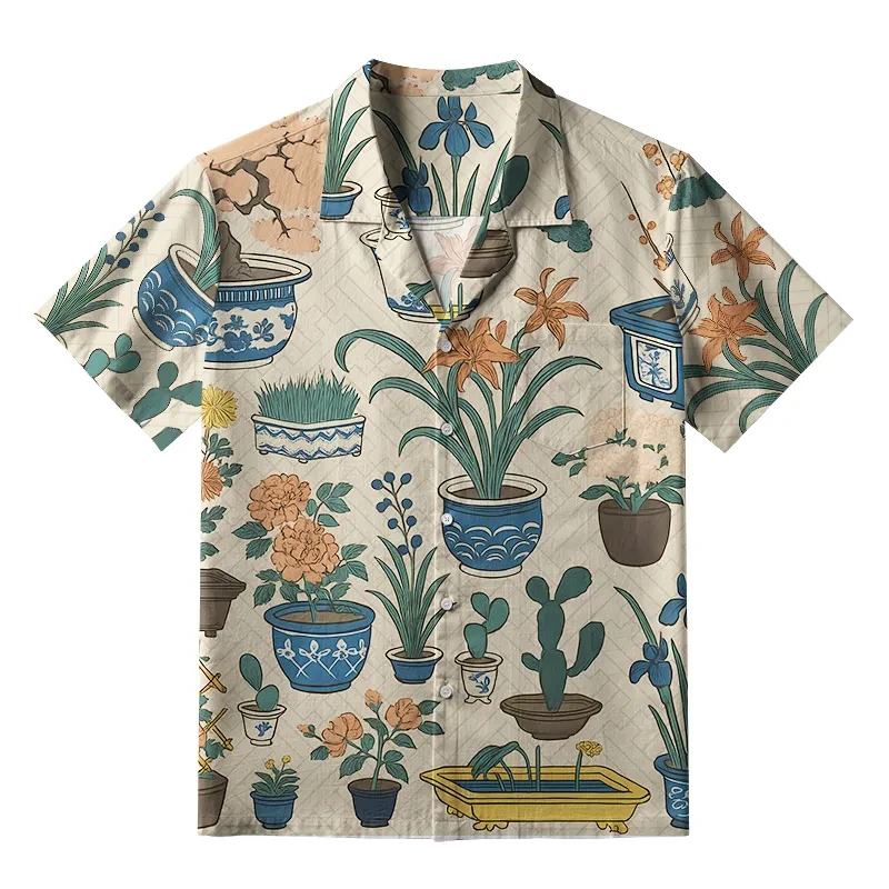 Men's Casual Harjauku Japanese Style Short Sleeve Shirt Hawaii Button Vacation Vintage Short Sleeve Loose Quick Dry Shirt Tee