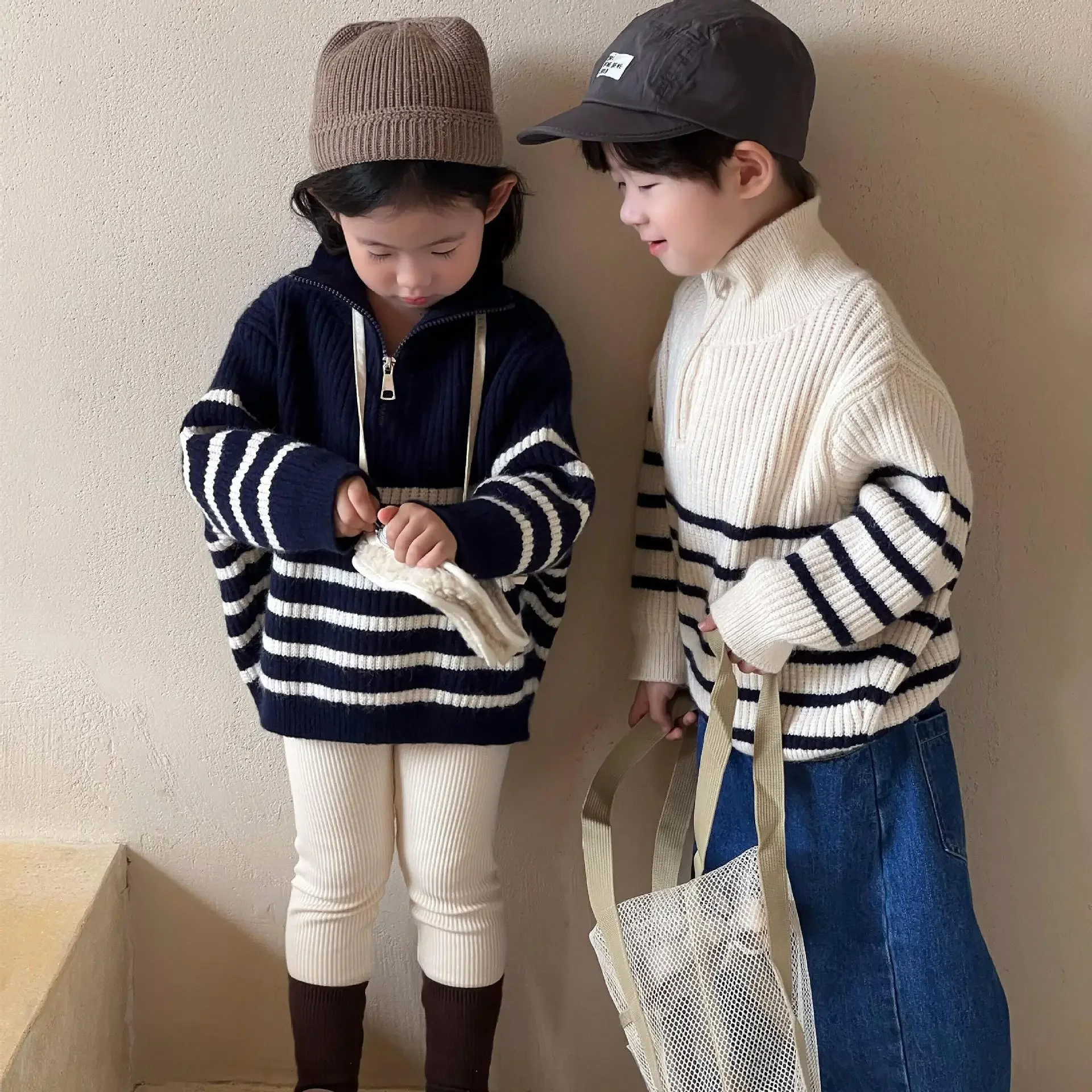 

7120 Children Clothes Knitted Pullover 2023 Autumn New Simple Striped Boy's Sweater Tops Casul Loose Girl's Pullover