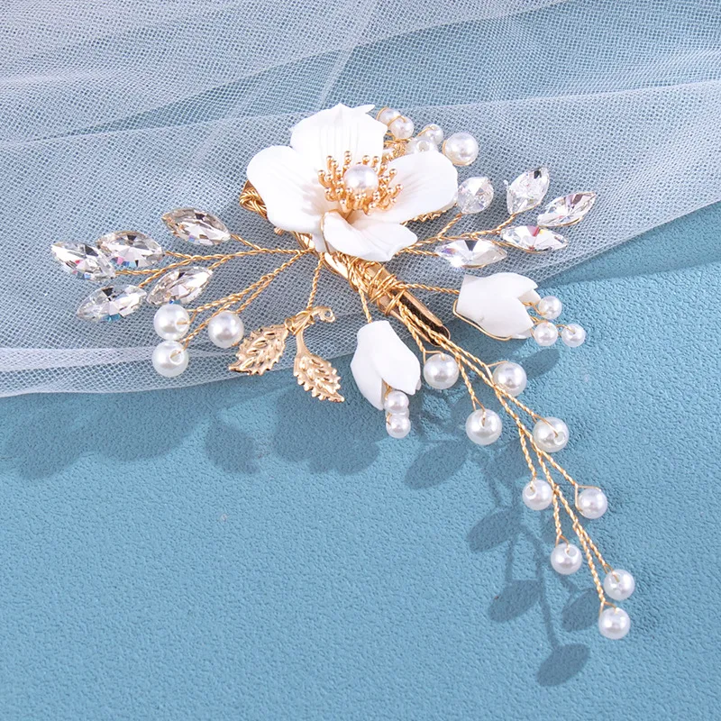 Wedding Flower Girl Bride Pearl Metal Hair Piece Crystals Accessories Hair Clips For Women image 2