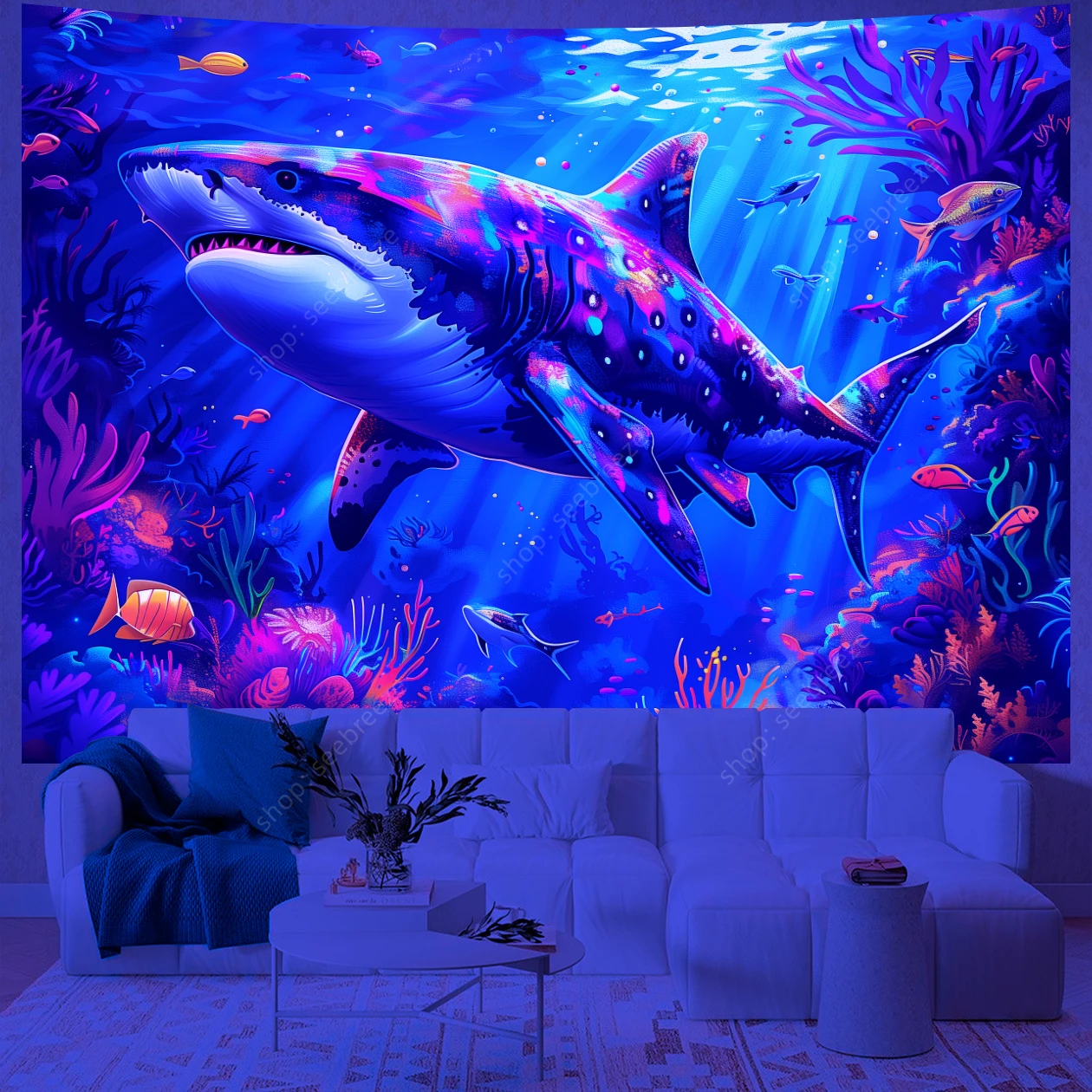 Animal Tapestry Psychedelic Shark UV Reactive Tapestry Wall Hanging for Hippie Room Decor Aesthetics Beach Towel Gift for Friend