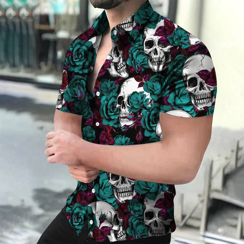 Summer Men\'s Shirts Hawaiian Shirt Skull Graphic 3D Printing Outdoor Street Short Sleeves Men Fashion Clothing Tops Streetwear