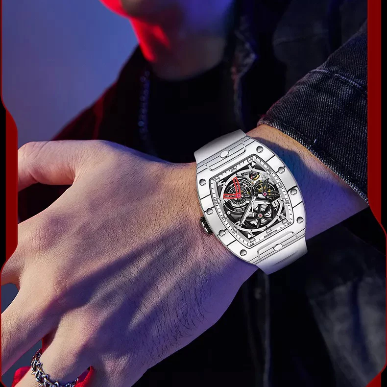 ساعة يد أوتوماتيكية للرجال من HANBORO حافظة تونيو ساعة يد ميكانيكية من ألياف الكربون 5ATM قرص هيكل عظمي مضيء 24 ساعة 21 جواهر Mov.