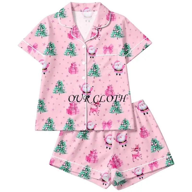 Women's pajama set button-down pajama set collared top paired with shorts adorable loungewear set Y1AC