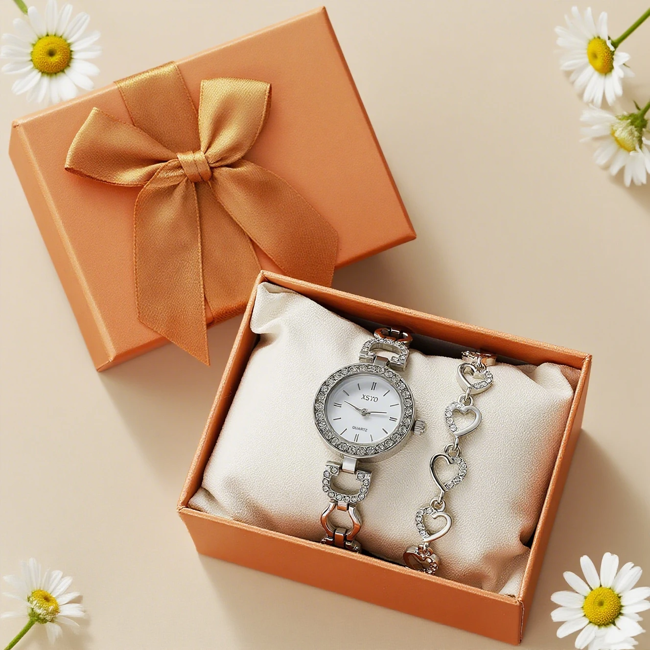 ساعة كوارتز نسائية عصرية صغيرة وخفيفة فاخرة ذات قرص دائري من الماس مجموعة سوار الحب الماسي مكونة من قطعتين، مناسبة لعيد الميلاد #2